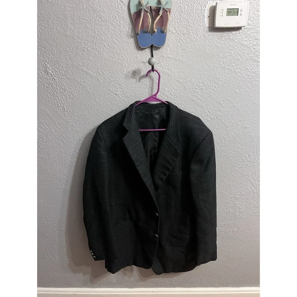 Hickey Freeman Mens Wool Sport Coat 46L Charcoal‎ Gray Plaid Blazer